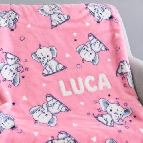 Névre szóló pink babatakaró – elefántos babapléd